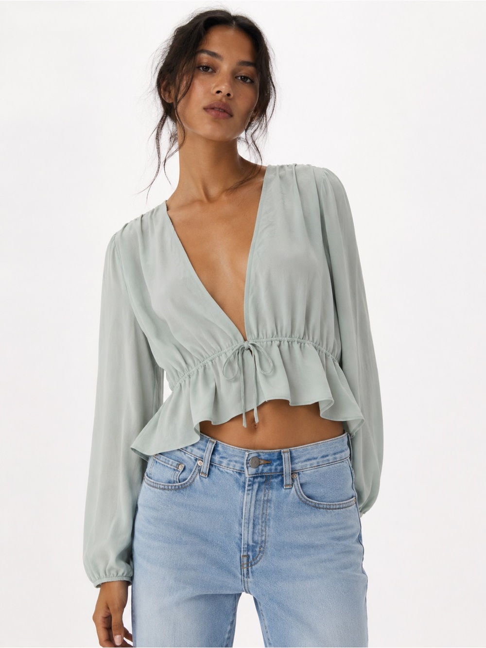Sunday Best Sage Green Long-Sleeve Ruffle Peplum Top